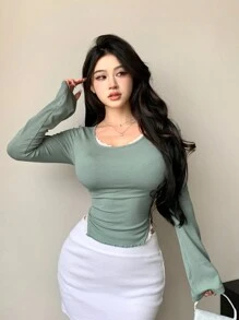 DAZY 女士蕾丝拼接圆领长袖T恤，秋季女装 - 橄欖綠 - 查看 3