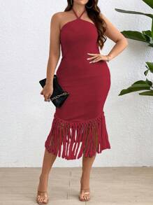 Franclia Plus Size Sleeveless Fringed Solid Color Slim Fit Halter Neck Fashion Dress