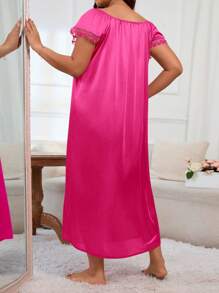 LuxeNights Plus Size Square Neckline Pajama Night Dress With Ruffle Trim Detail, Moo Moo - Hot Pink - View 2