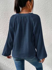 EMERY ROSE Áo cánh tay đèn lồng cổ khoét màu trơn thường ngày đi làm - Màu xanh hải quân - Xem 2