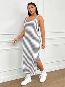 CovetEZ Abito canotta donna taglie forti con spacchi laterali a righe - Bianco e nero - Visualizzare 3