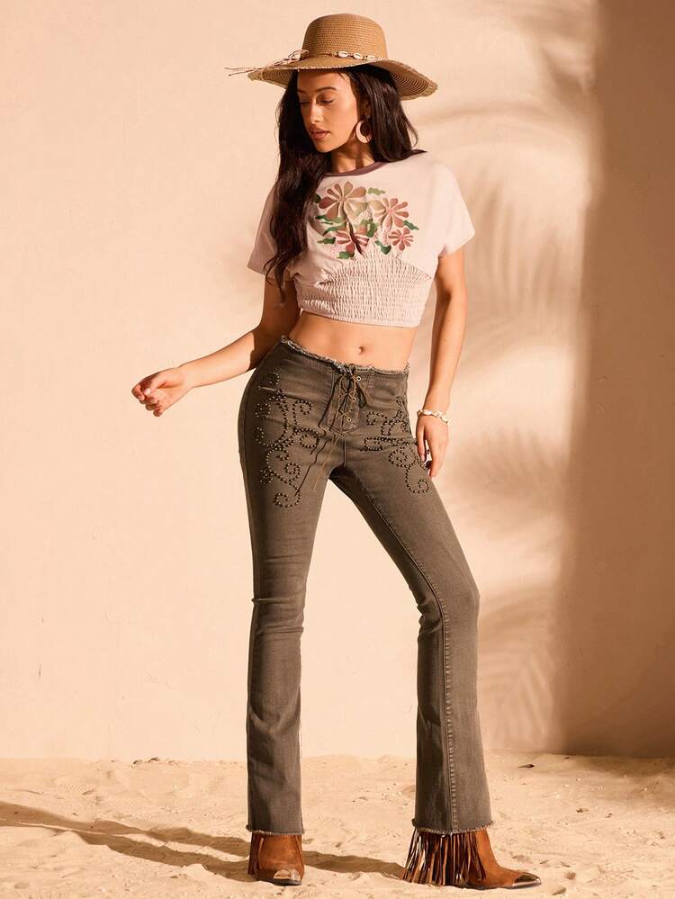 Women's Floral Print Shirred Loose Cropped T-Shirt