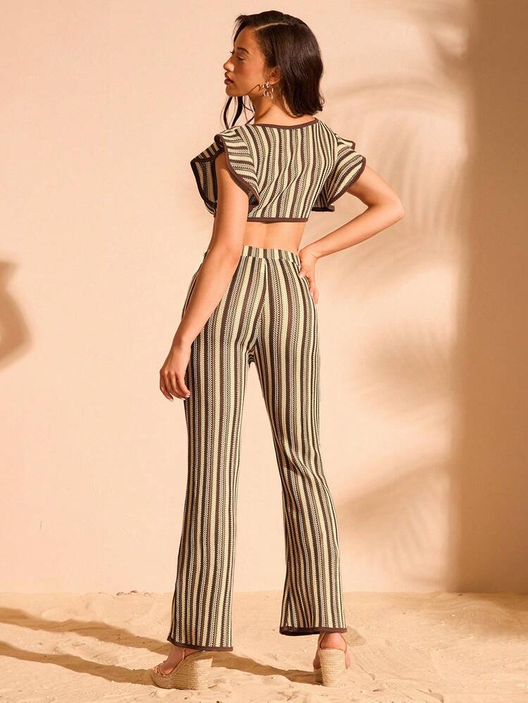 Women's Bohemian Crochet Off-Shoulder Knot Hem Brown Striped Crop Top And Flared Pants Set For Vacation