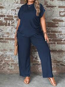 SHEIN LUNE Top De Manga De Murciélago Redonda De Color Sólido De Talla Grande Y Pantalones Rectos - Azul Marino - Ver 1