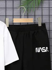 SHEIN Leap Crew Teen Boy Casual Letter Print Color Block Short Sleeve T-Shirt And Long Pants Two-Piece Set For Spring And Summer - Black - View 4