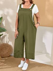 EMERY ROSE Overoles verde militar talla grande para mujer con tirantes ajustables, cierre con botones y bolsillos en las piernas divididas para primavera - Verde militar - Ver 3