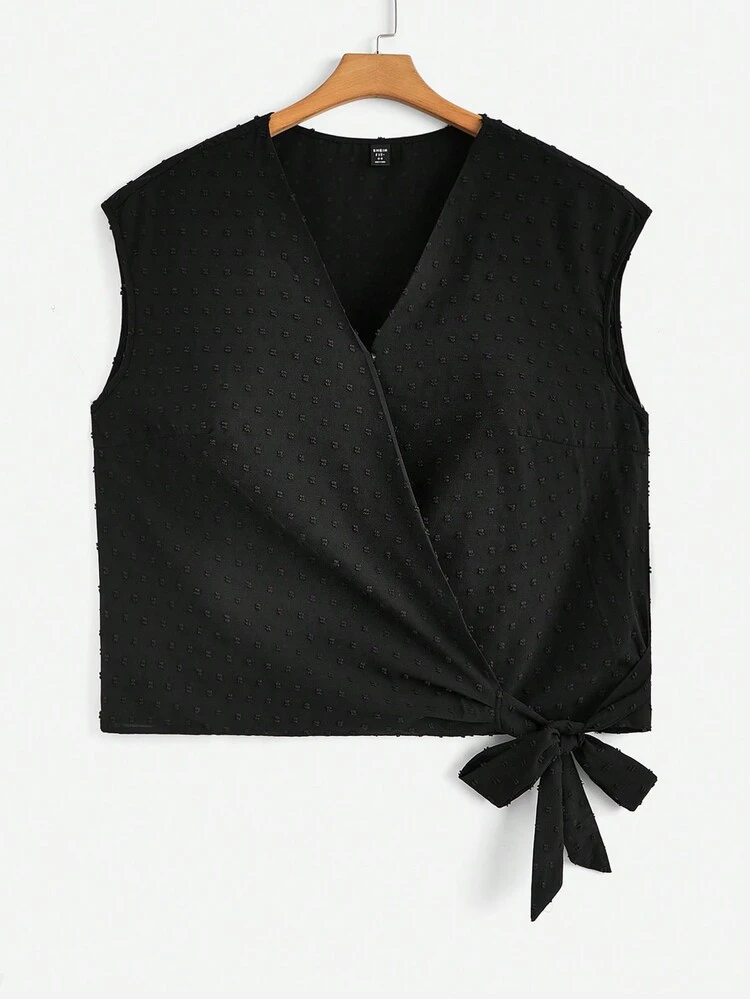 Plus Size Vacation Wrap Front Blouse With Tie Knot And Side Slit