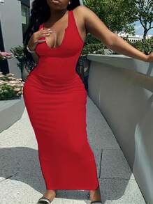 大码女式时尚纯色修身罗纹休闲深V领街头性感长款无袖紧身连衣裙 - 紅色 - 查看 1