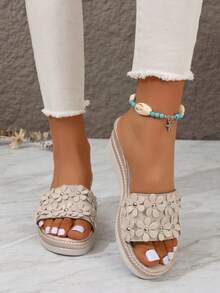 2024 新款女士山茶花圖案平跟拖鞋涼鞋,時尚花卉設計戶外鞋 - 米色 - 查看 3