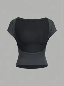 SHEIN EZwear Set de 3 camisetas ajustadas de mujer de manga corta, cuello redondo, sin espalda, en colores negro, blanco y gris, de estilo minimalista y casual, adecuadas para el verano