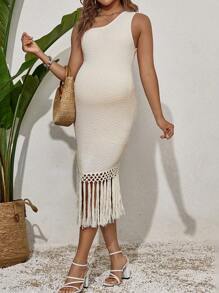 SHEIN Maternity One Shoulder Sleeveless Fringe Hem Fitted Dress With Patchwork - Apricot - View 1