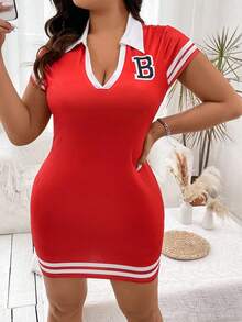Flirla Kích thước lớn Của phụ nữ Váy bodycon Với In thư Và Khối màu Sọc - Đỏ - Xem 7