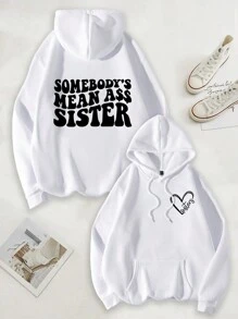 Flirla 女士加大码标语印花卫衣，带口袋和可调节抽绳，保暖 - 白色 - 查看 1