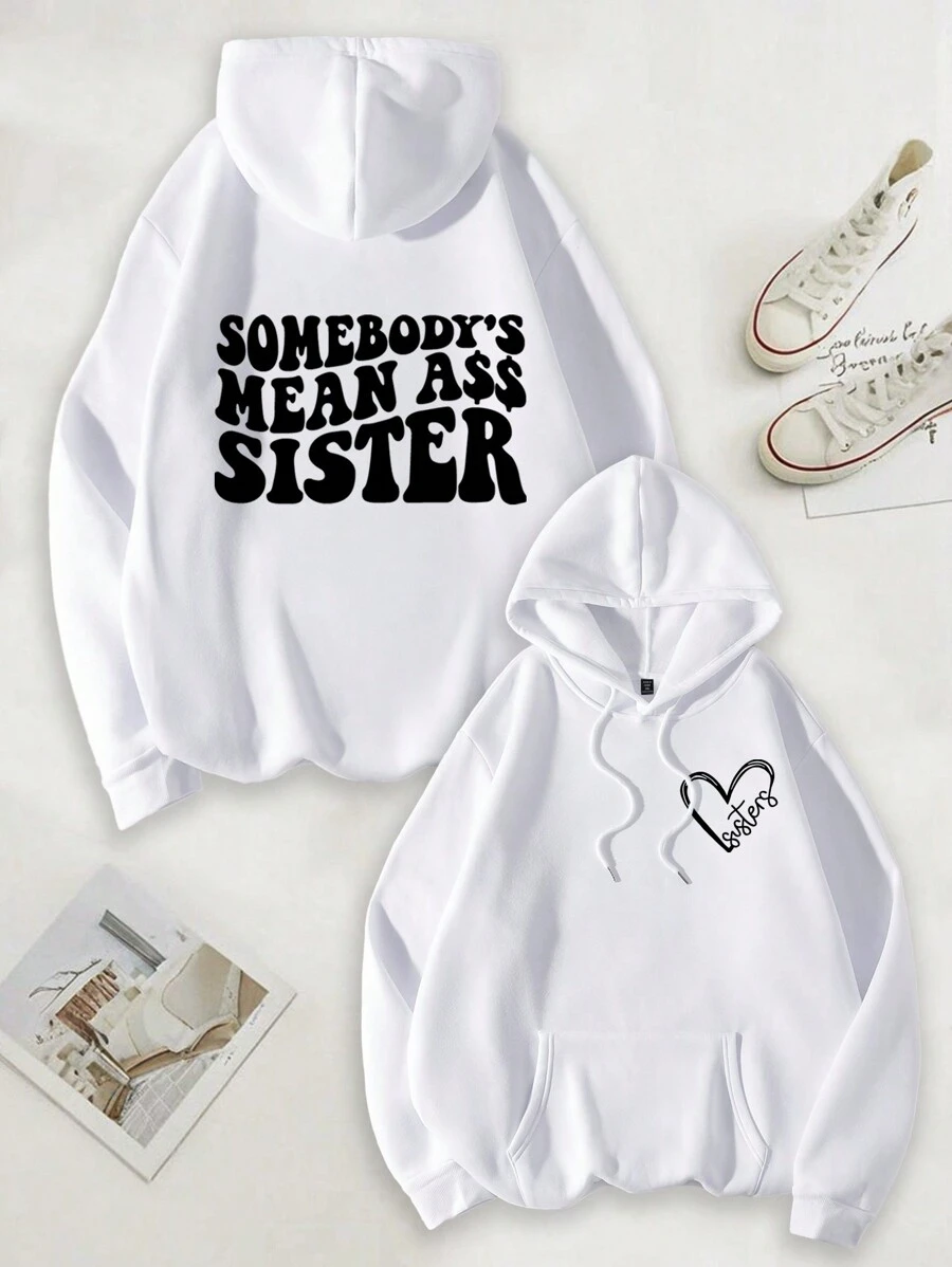 Flirla 女士加大码标语印花卫衣，带口袋和可调节抽绳，保暖 - 白色 - 查看 1