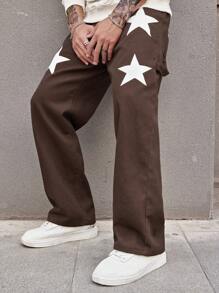Manfinity LEGND Loose Men's Star Printed Baggy Jeans - Coffee Brown - View 3
