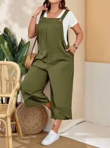EMERY ROSE Overoles verde militar talla grande para mujer con tirantes ajustables, cierre con botones y bolsillos en las piernas divididas para primavera - Verde militar - Ver 1