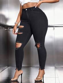 SHEIN SXY Kích thước lớn Đen Đau khổ Thon gọn Quần jean - màu đen - Xem 5