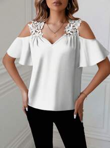 SHEIN Clasi 純色蕾絲拼接露肩上衣 - 白色 - 查看 6