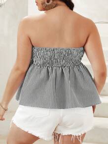 SHEIN VCAY 粗條紋印花打結前褶飾花邊圓管夏季上衣(大寬鬆尺寸) - 黑與白 - 查看 2