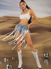 Denimoi 流苏带毛边下摆牛仔短裤 - 淺色水洗藍 - 查看 4