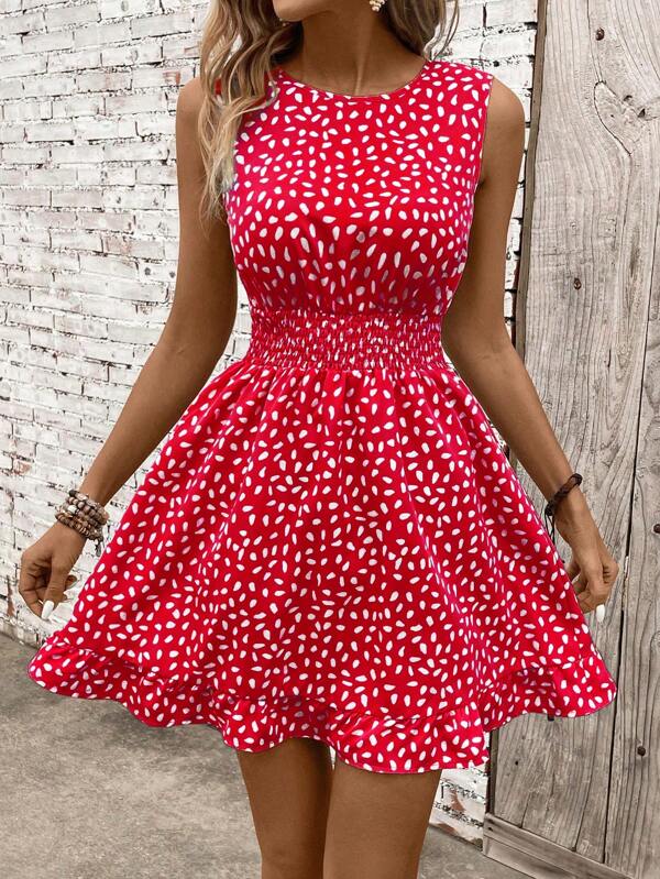 Breezaya Sleeveless Vest-Style Women's Dress - Waist-Cinched Shirring Design, Stone Flower Printed Fabric Slimming Midi Dress; Solid Color Spaghetti Strap Halter Neck Women's Dress