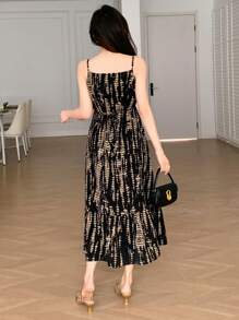 DAZY 女式全印花荷叶边下摆细肩带连衣裙夏季太阳裙，休闲女式连衣裙