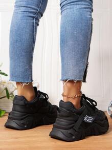 Women's Casual Sports Shoes, Thick Sole, Black Chunky Sneakers, All Seasons - Black - View 4