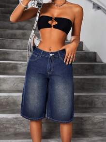 SHEIN ICON Loose Fit Straight Leg Washed Denim Shorts - Dark Wash - View 3