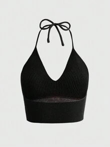 ROMWE Fairycore Top din tricot Halter cu model de ciuperci - Negru - Vizualizare 2