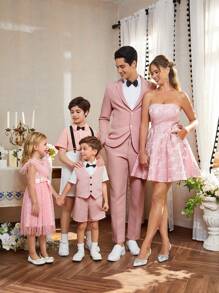 SHEIN 10-14歲男童2入組鬆身優雅紡織海鷗印花短袖襯衫，配上領結和吊帶短褲 - 粉色 - 查看 1