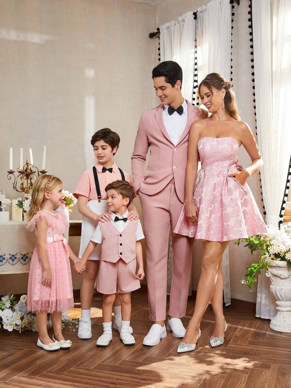 SHEIN Tween Boy 2pcs Loose Elegant Woven Seagull Printed Short Sleeve Shirt With Bow Tie And Suspenders Shorts Set