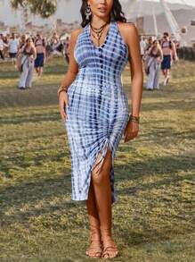 SHEIN VCAY Plus Size Tie Dye Halter Neck Vacation Dress