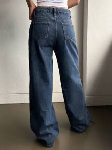 DAZY 斜向口袋寬腿牛仔褲,石洗加工 - 深色水洗藍 - 查看 5