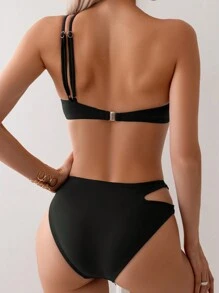 SHEIN Swim Summer Beach Ladies' One-Shoulder Two-Piece Bikini Set Music Festival - Black - View 2
