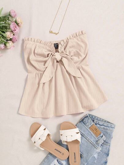 Chiquease 純色打結設計無肩帶上衣,配以荷葉邊