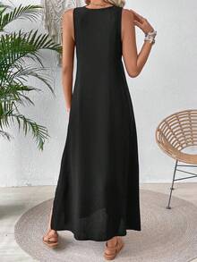 SHEIN Holidaya 女性鬆身款長款蕾絲拼接無袖連衣裙 - 黑色 - 查看 2