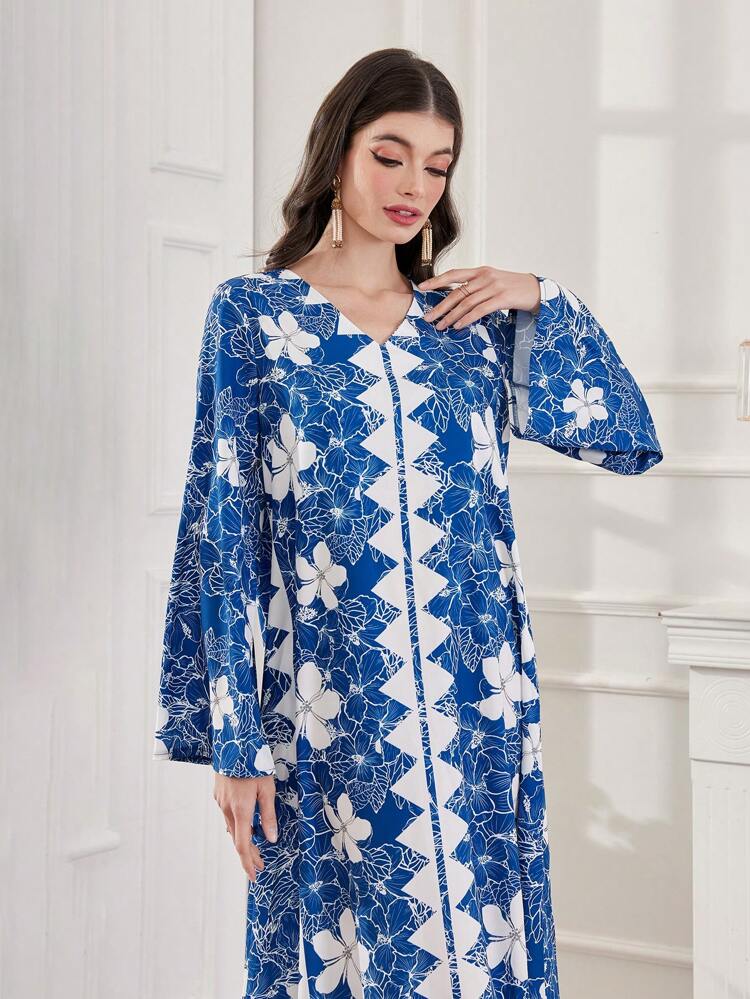 Color Blocking Floral Print V-Neck Loose Fit Dress