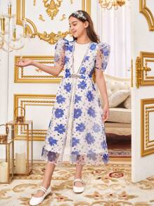 SHEIN 2pcs/Set Tween Girls' Loose Cute Floral Pattern Puff Sleeve Jacket And Dress Outfit