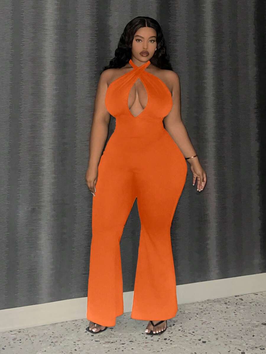 Slaydiva Mono De Talle Grande Cruzado Con Tirantes Halter Cuello, Espalda Abierta Y Piernas Acampanadas - Naranja - Ver 1
