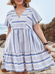 EMERY ROSE 大碼女士夏季條紋短袖娃娃連衣裙 - 藍白色 - 查看 1