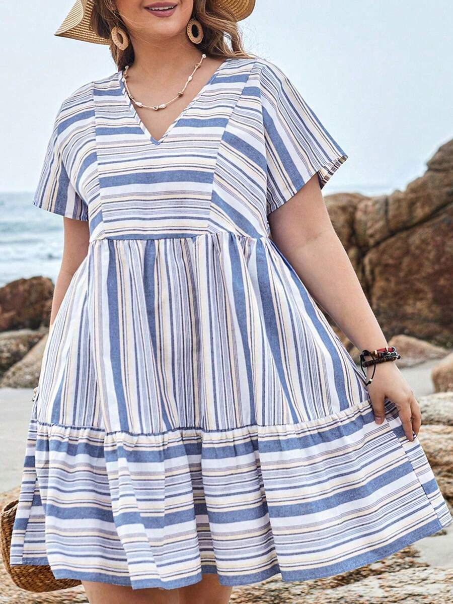 EMERY ROSE 大碼女士夏季條紋短袖娃娃連衣裙 - 藍白色 - 查看 1