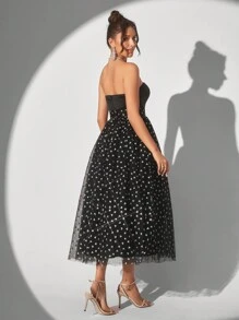 SHEIN Belle 優雅無肩帶心形拼接透明網格a字裙女士雞尾酒派對連衣裙 - 黑色 - 查看 2