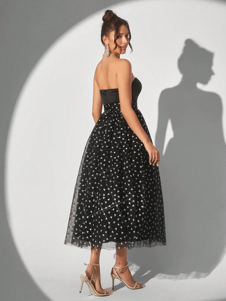 Elegant Strapless Heart Patchwork Sheer Mesh High-Waisted A Pose Music Event Resurrection Holiday Vacation PROM Date Party Cocktail Dress