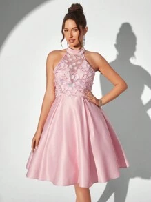 SHEIN Belle Thanh lịch Của phụ nữ Dán in hoa Lưới Halter Neck Đầm tiệc rượu - Bụi hồng - Xem 6