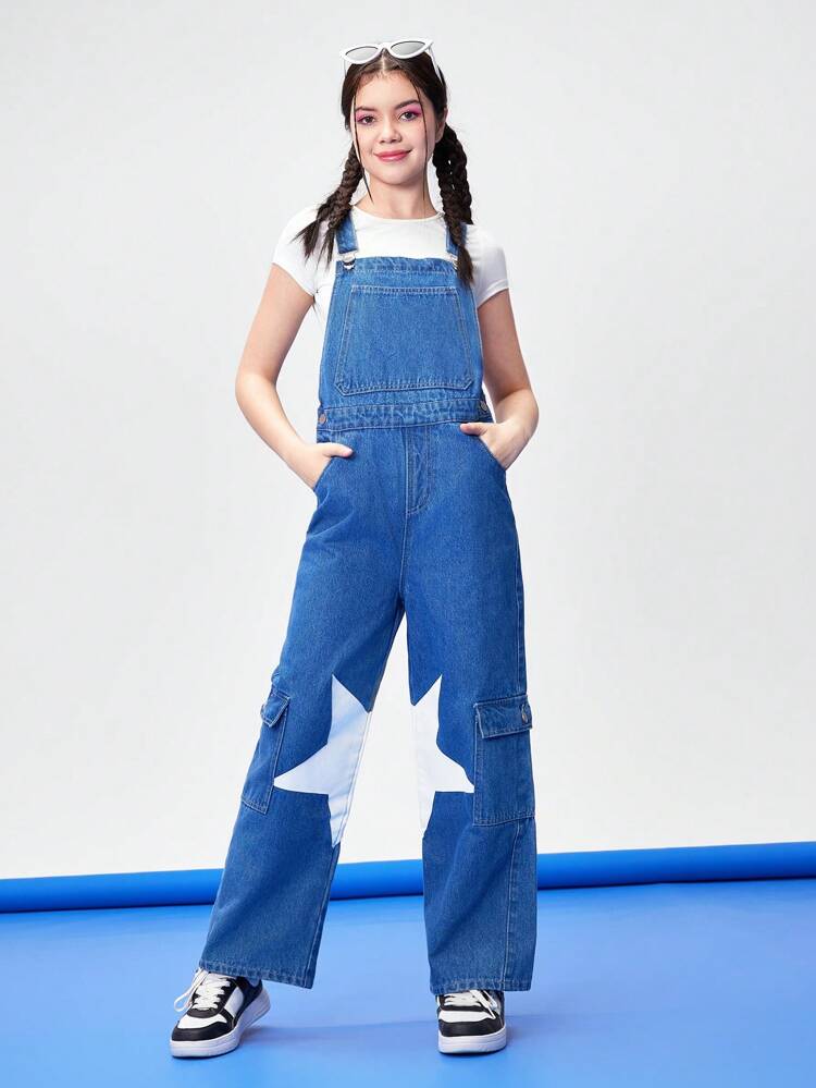 Teen Girl Star Printed Wide Leg Denim Overalls