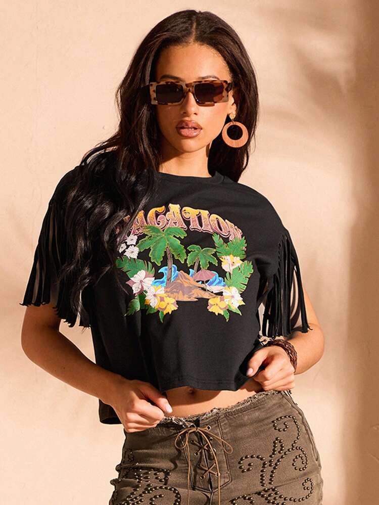 Tropical Palm Leaf & Letter Printed Fringe Hem Cropped T-Shirt