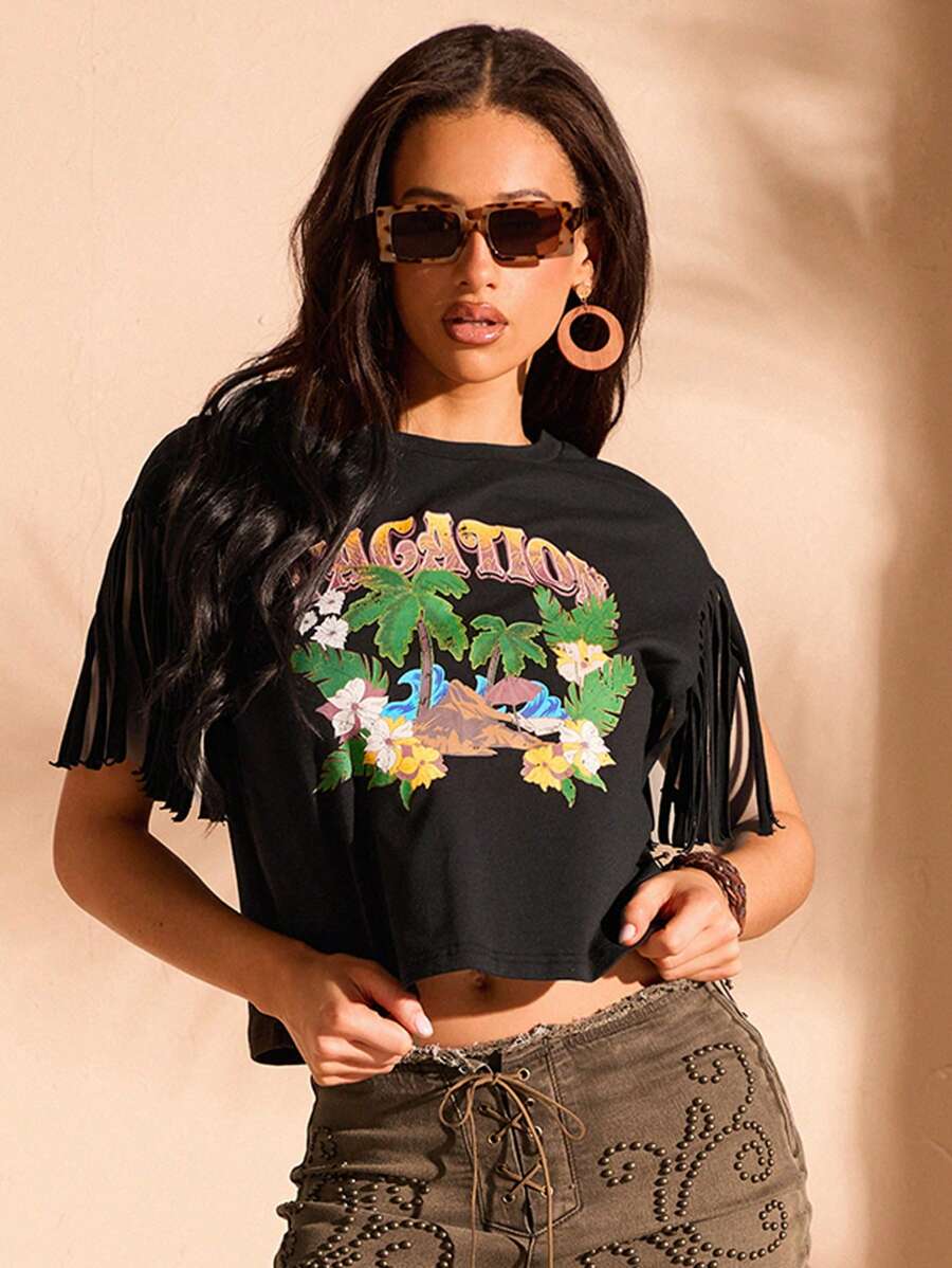 Forever 21 Tropical Palm Leaf & Letter Printed Fringe Hem Cropped T-Shirt - Black - View 1