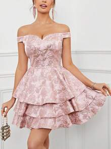 SHEIN Belle Lãng mạn , Thanh lịch & Cao quý Vải Jacquard , Off-shoulder Đầm tiệc rượu Với Viền đa lớp & Ruffle Chi tiết - Hồng - Xem 5