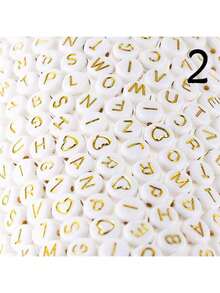 100pcs Round Acrylic Letter And Heart Beads For Diy Necklace, Bracelet Making (7x4mm, White, Multicolor, Gold) - Multicolor - View 2