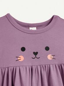 Cozy Pixies 2pcs Baby Girl Cartoon Bunny Patterned Short Sleeve Dress With Ruffles And Waistband, Including Diaper Cover Set